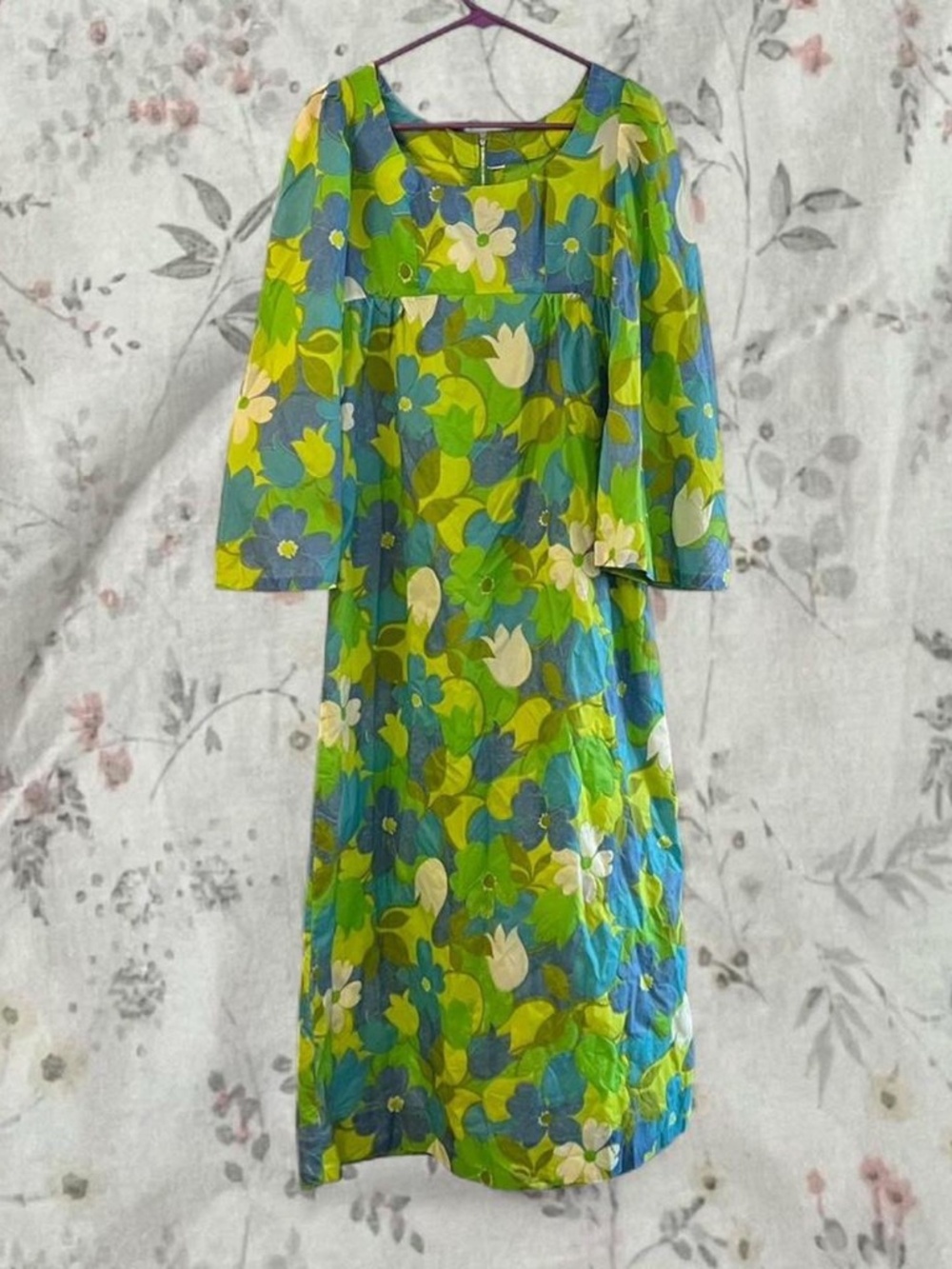 Vintage 60s Flower Power Maxi Dress Empire Waist Wide Sleeves Psychedelic